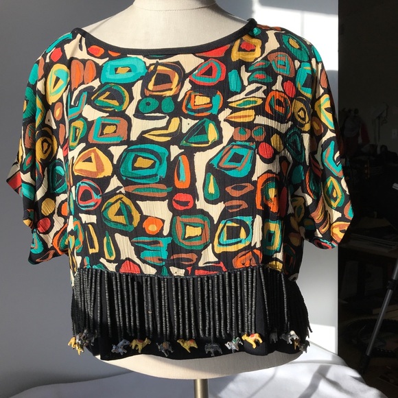 Beaded swing Top boho blouse green, black, orange see animal beads! SZ Med P - Picture 2 of 8